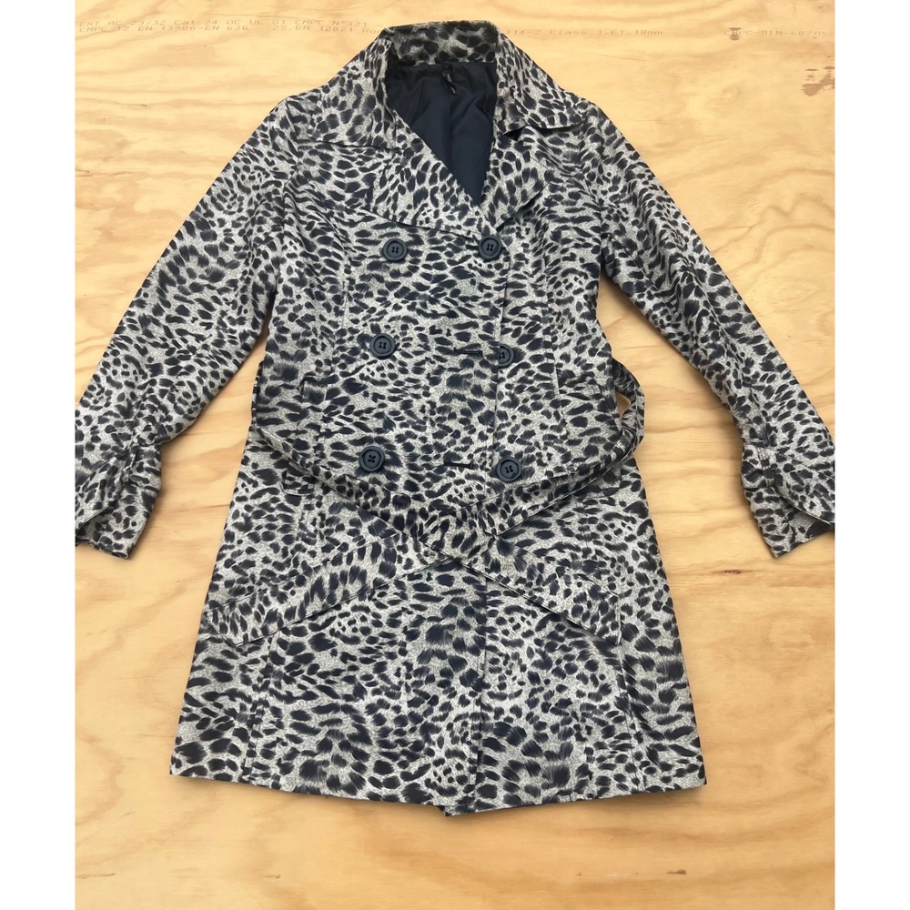 Lapis Womens Leopard Print Trench Coat Grey Black Double Breasted Belted Large